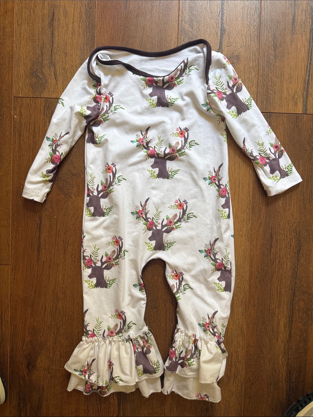 Girls Cream Floral Deer Ruffle One-Piece Romper